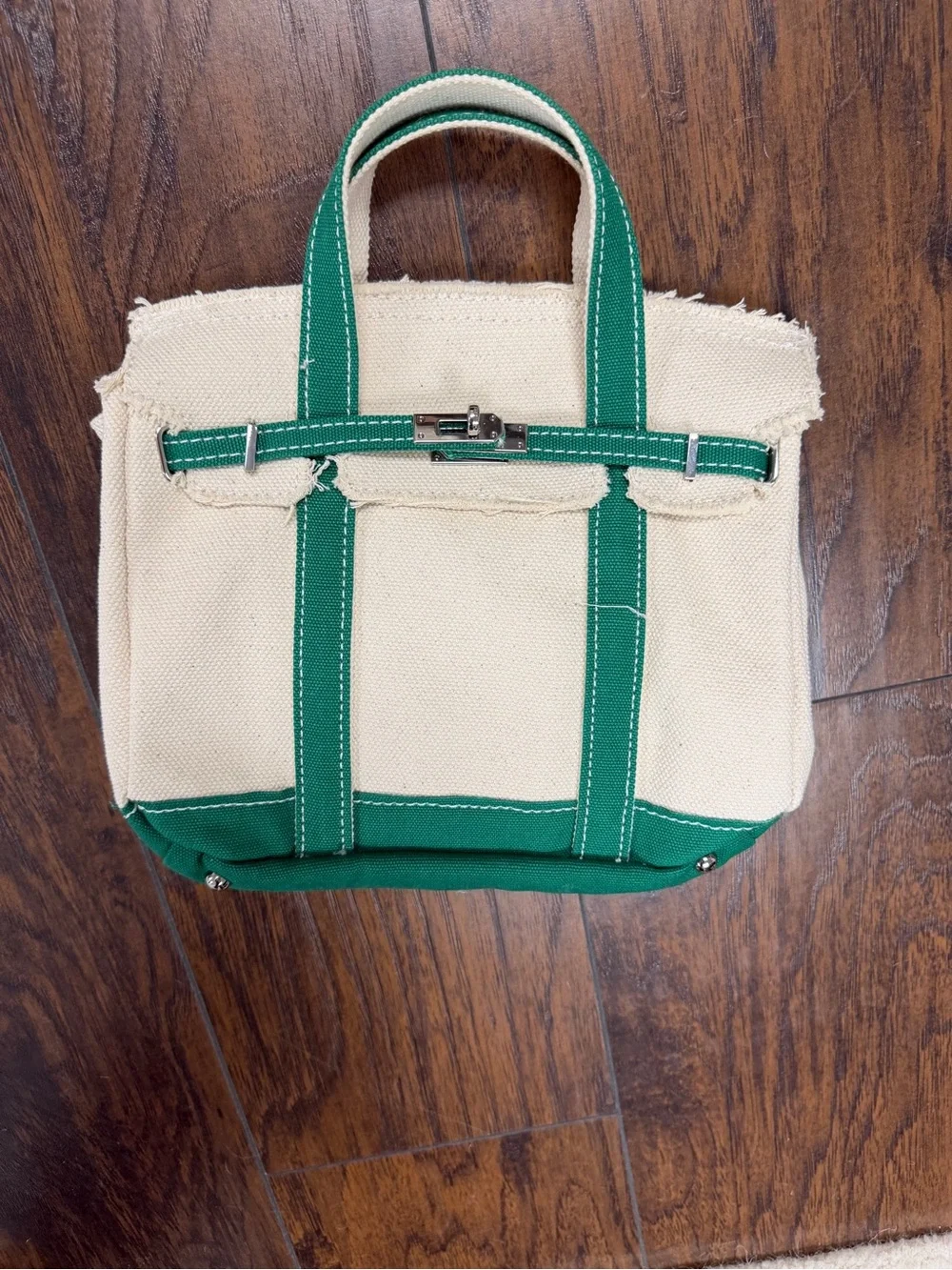 Macy's Cream Canvas Mini Tote with Green Trim - Picture 2 of 5